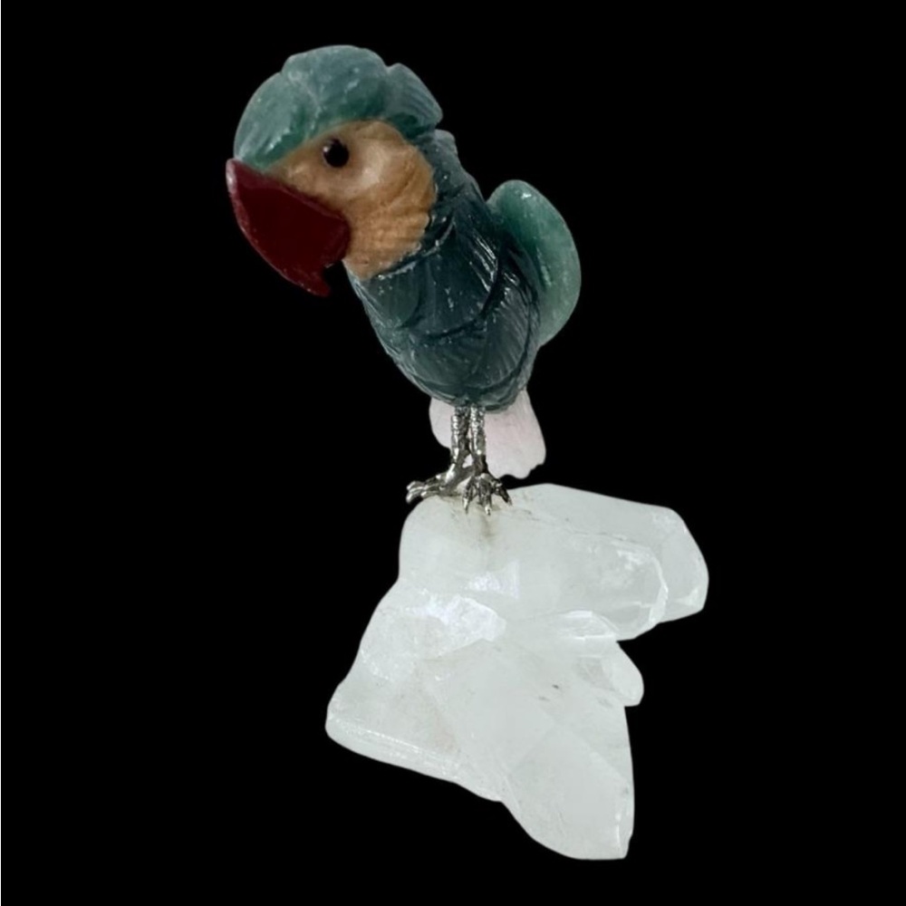 VTG Hand-Carved Malachite Parrot on Quartz Crystal Base Stone | 3½" | Sculpture